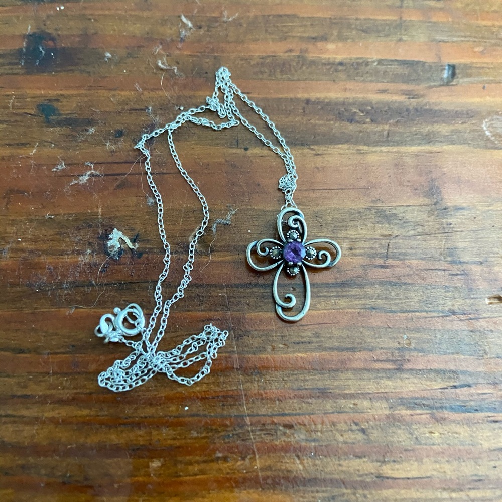 Silver Cross Necklace with Purple Gem